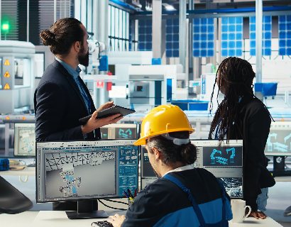 team-solar-panels-plant-managers-engineer-discussing
